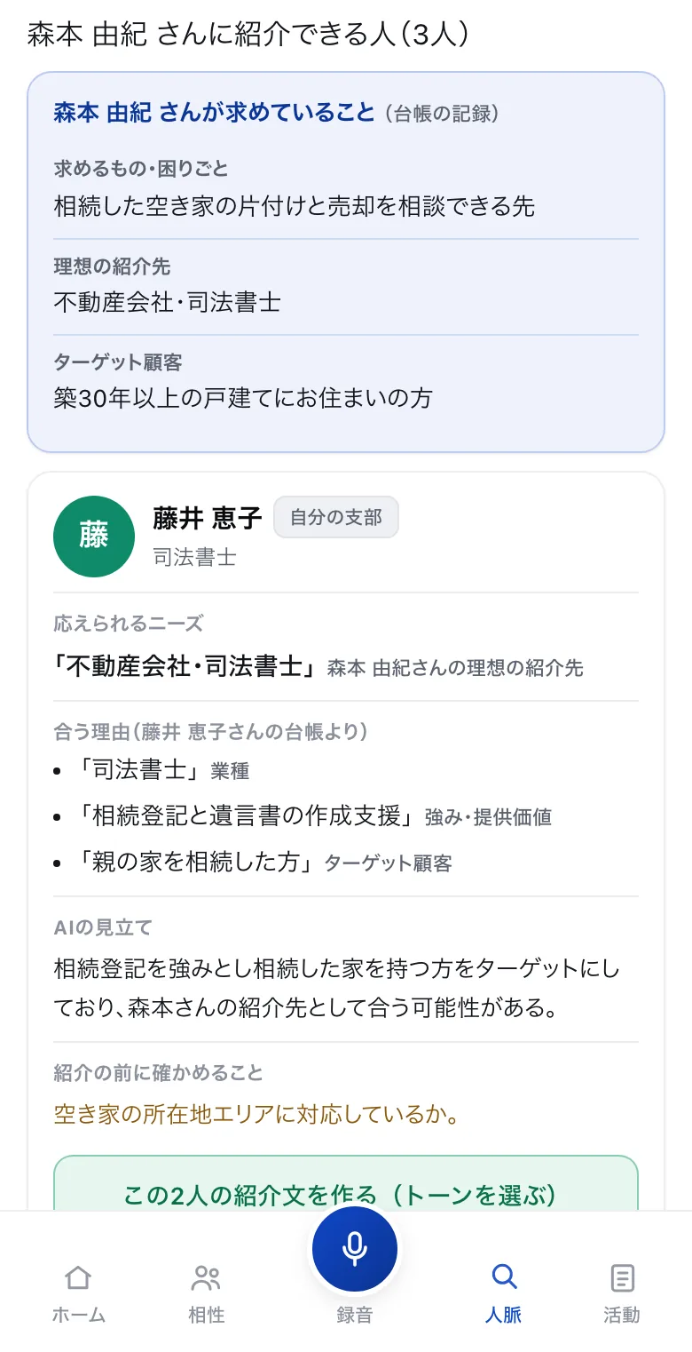 Meetchの人脈の画面。森本 由紀さんに紹介できる人として、求めていることと、合う理由が台帳の言葉のまま並んでいる