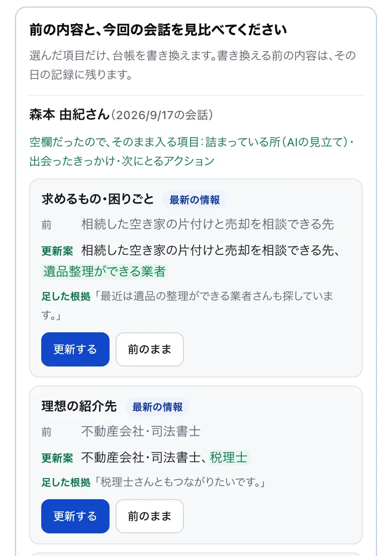 2回目の会話を入れたときの見比べの画面。前の内容と更新案が並び、足した根拠として会話の中の元の言葉が表示されている